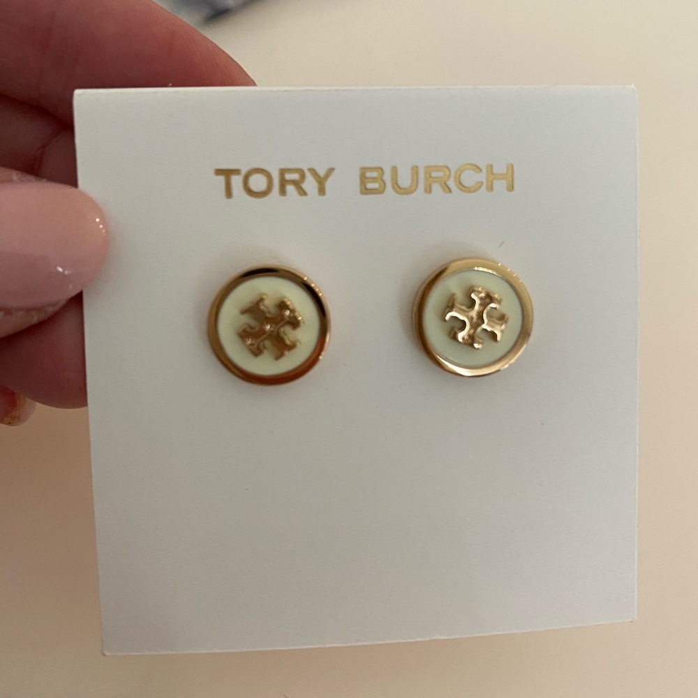 Tory Burch Logo Stud Earrings Ivory and Gold